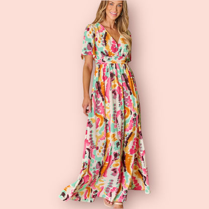 Made Just For You! Slit Printed Surplice Short Sleeve Maxi Dress