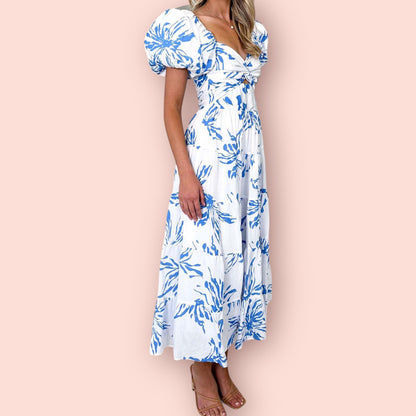 Made Just For You! Twisted Printed Puff Sleeve Maxi Dress