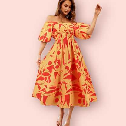 Made Just For You Printed Off-Shoulder Balloon Sleeve Dress