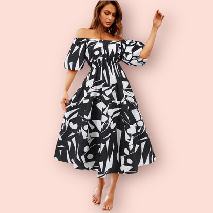 Made Just For You Printed Off-Shoulder Balloon Sleeve Dress