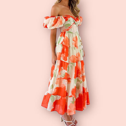 Made Just For You! Twisted Printed Puff Sleeve Maxi Dress