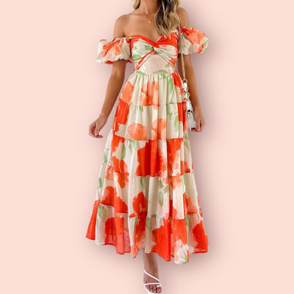 Made Just For You! Twisted Printed Puff Sleeve Maxi Dress