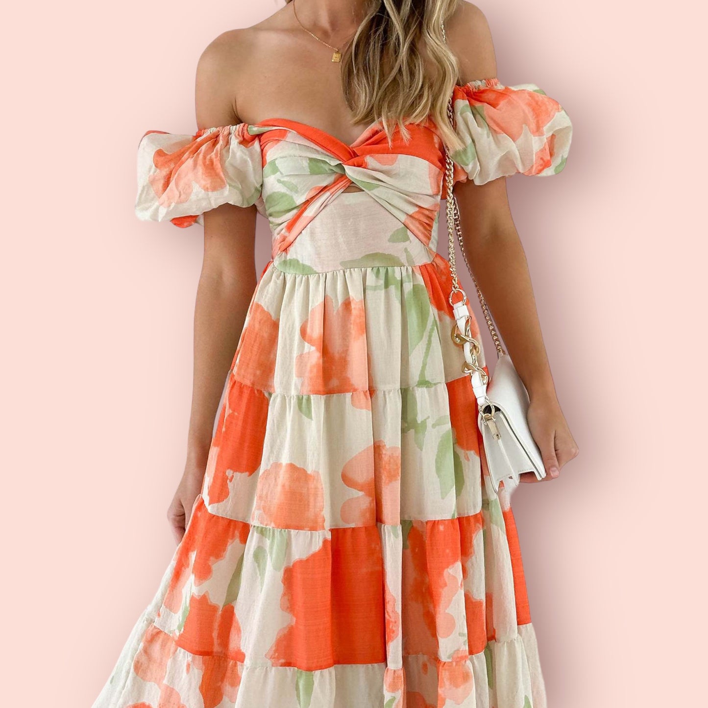 Made Just For You! Twisted Printed Puff Sleeve Maxi Dress