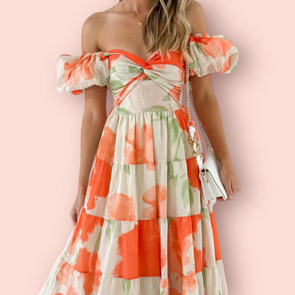 Made Just For You! Twisted Printed Puff Sleeve Maxi Dress