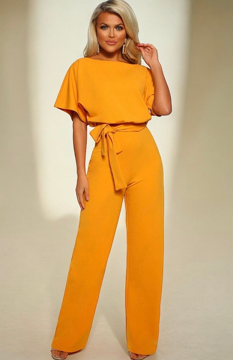 Lace-up Button Short-sleeved Women's Jumpsuit