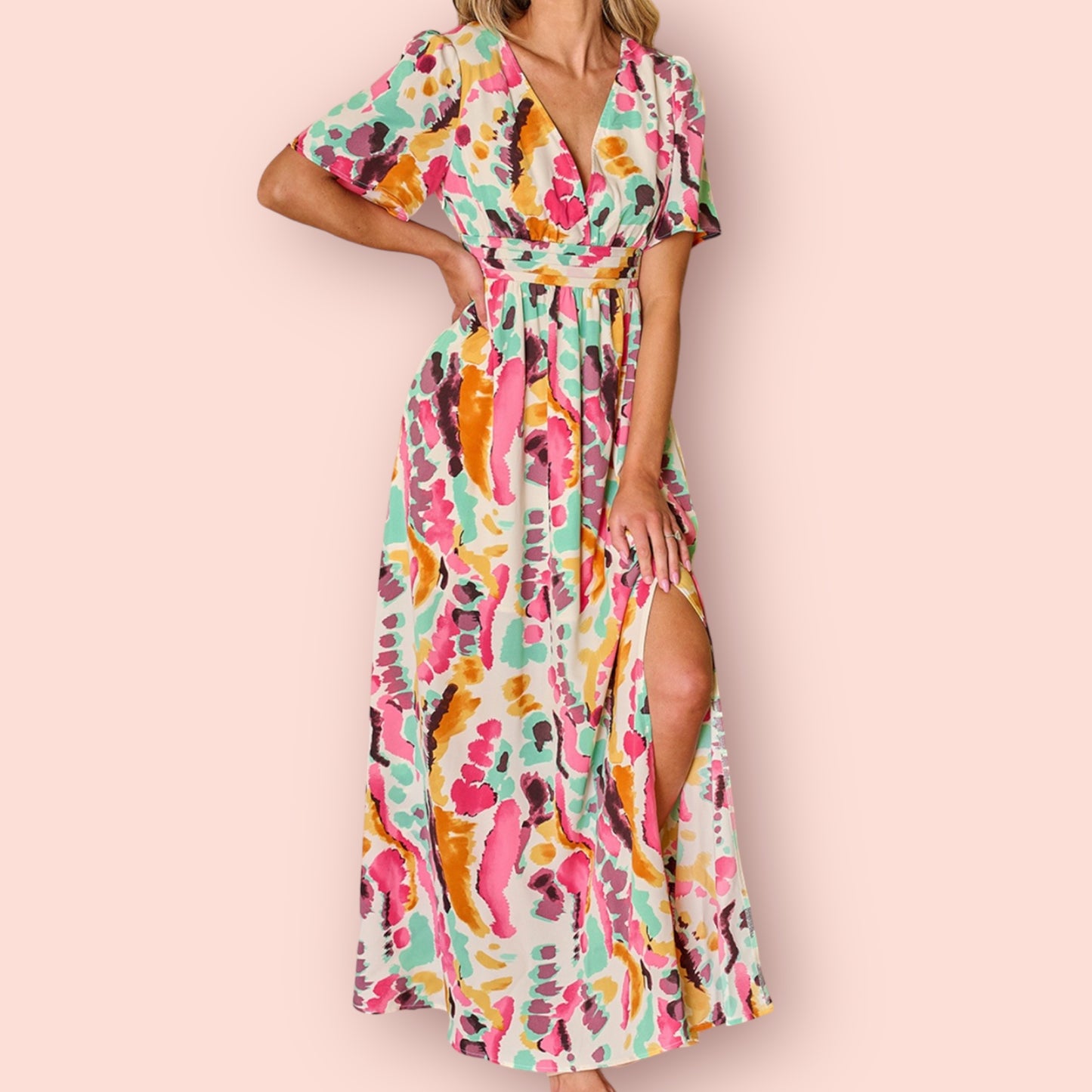 Made Just For You! Slit Printed Surplice Short Sleeve Maxi Dress