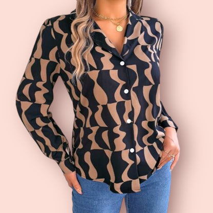 Made Just For You! Coffee Printed Long Sleeve Blouse