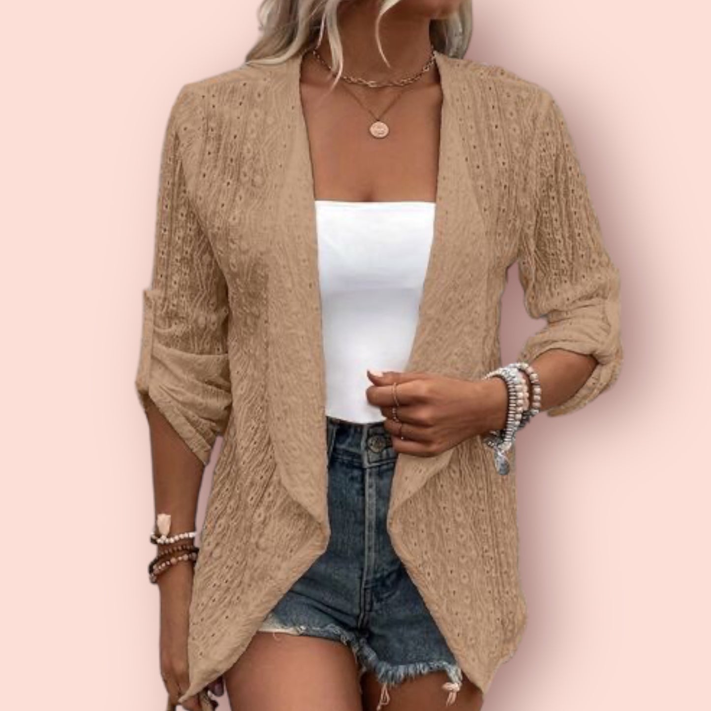 Made Just For You! Eyelet Roll-Tab Sleeve Cardigan