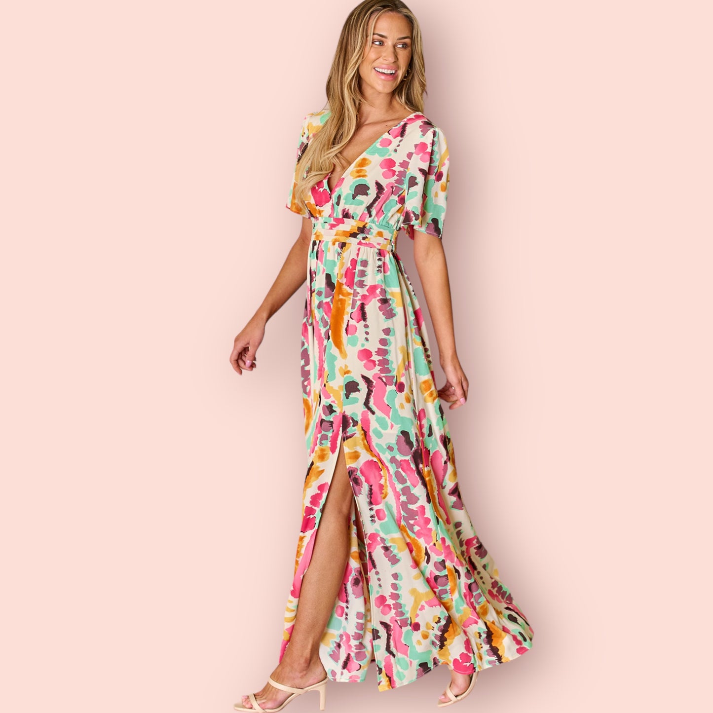 Made Just For You! Slit Printed Surplice Short Sleeve Maxi Dress