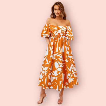 Made Just For You Printed Off-Shoulder Balloon Sleeve Dress