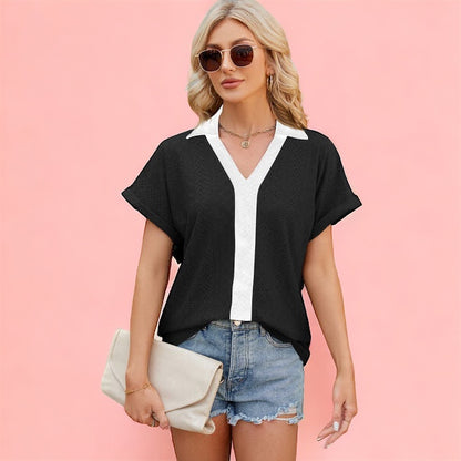 Made Just For You! Eyelet Johnny Collar Short Sleeve T-Shirt