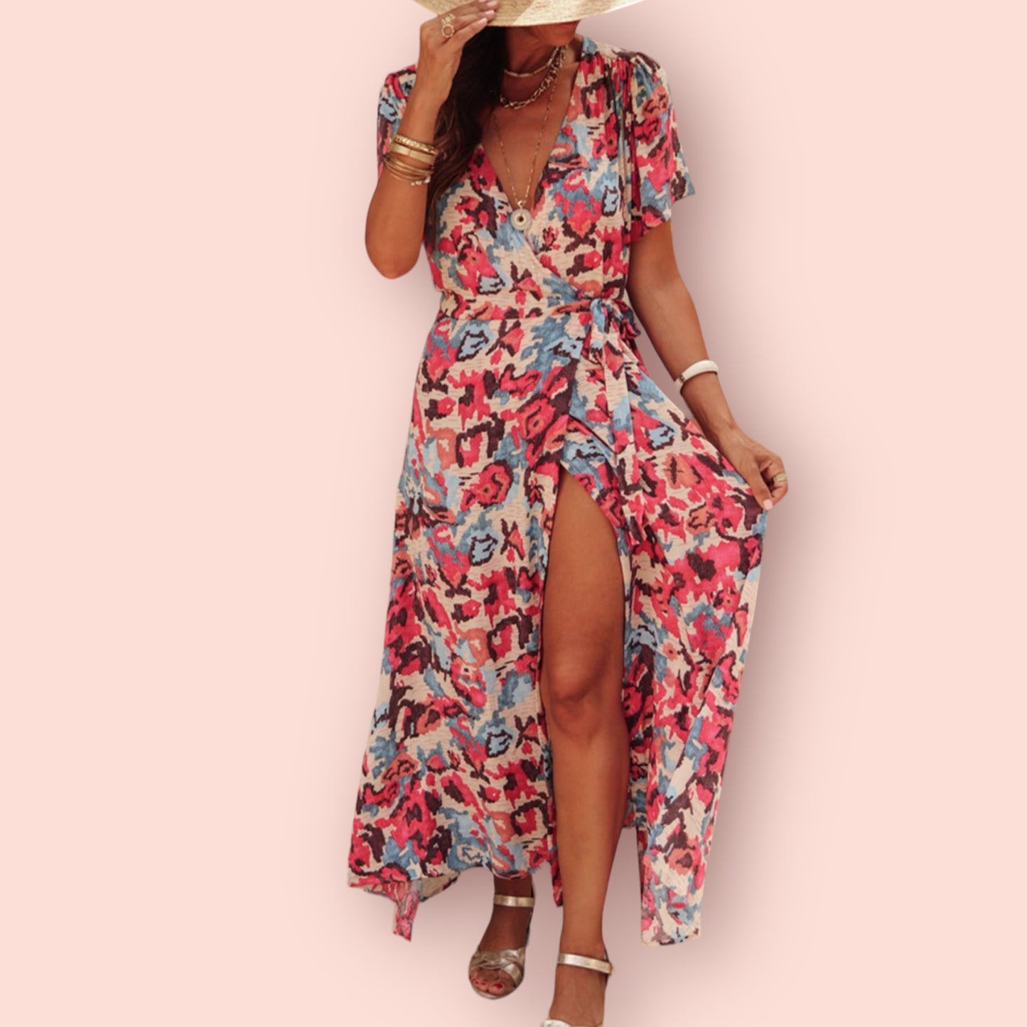 Made Just For You! Slit Printed Short Sleeve Mid Dress