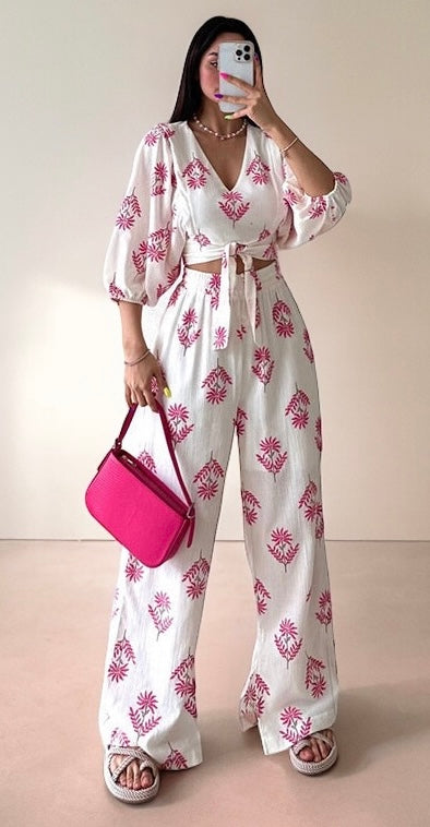 Women's Elegant V-neck Printed Puff Sleeve Top Trousers Two-Piece Set