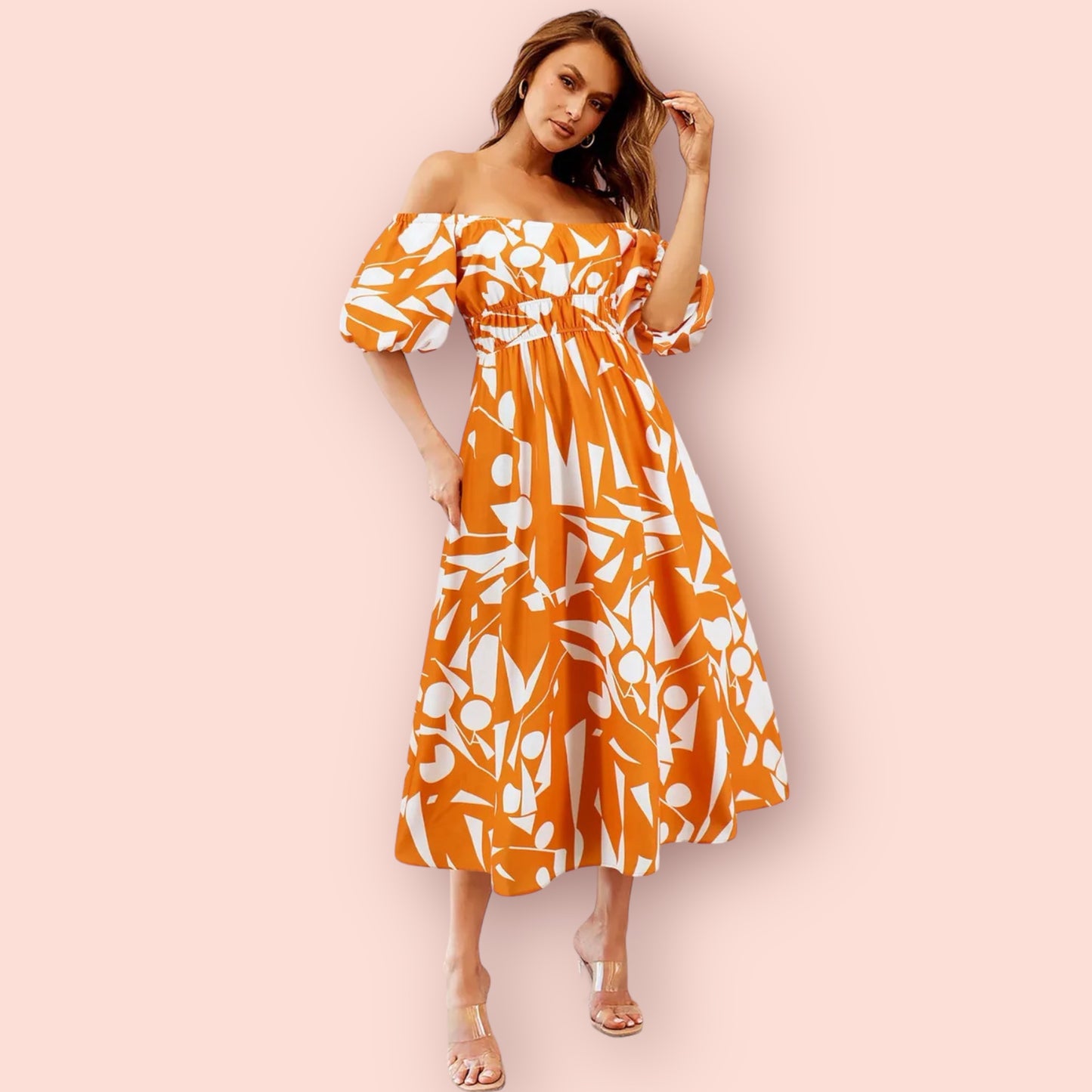 Made Just For You Printed Off-Shoulder Balloon Sleeve Dress