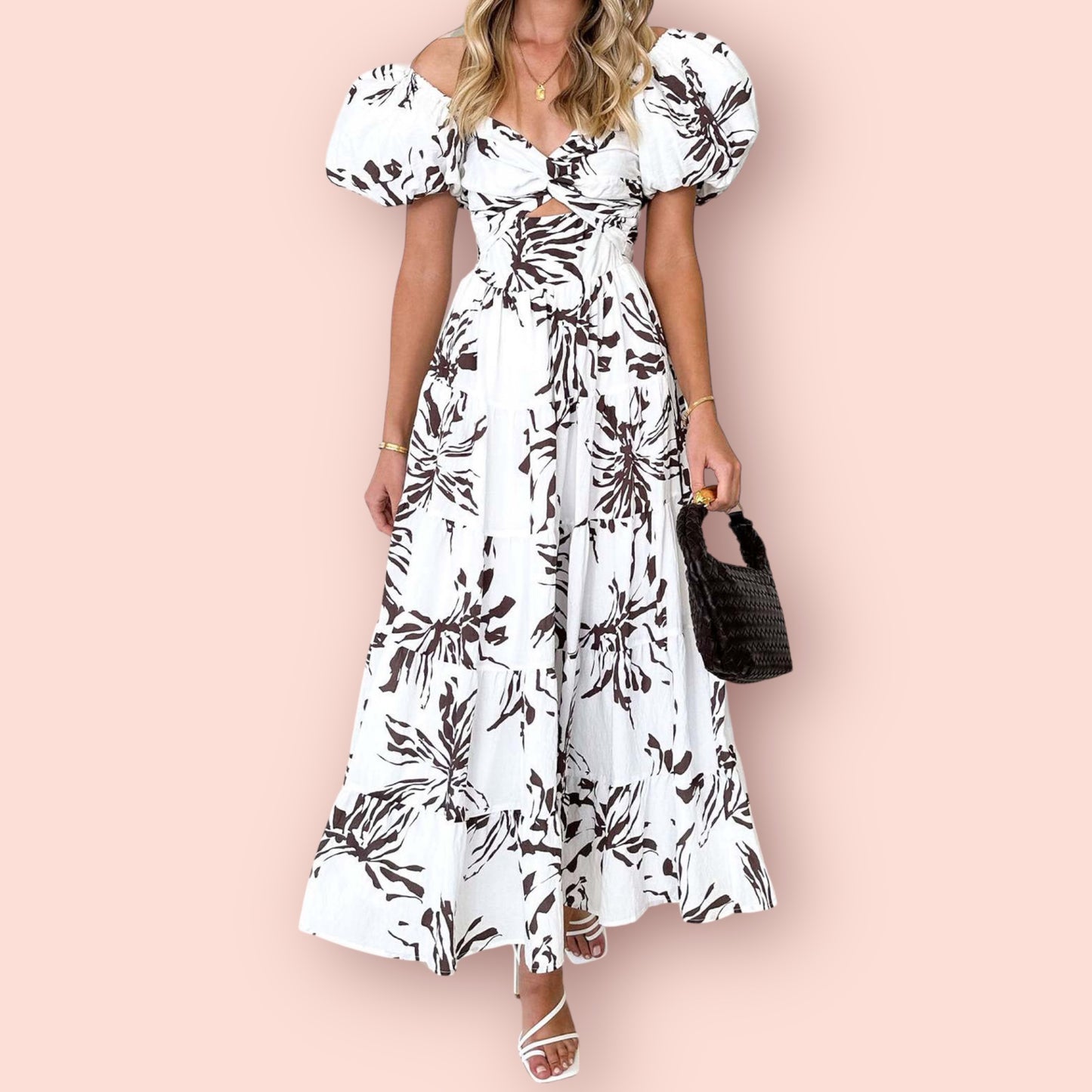 Made Just For You! Twisted Printed Puff Sleeve Maxi Dress