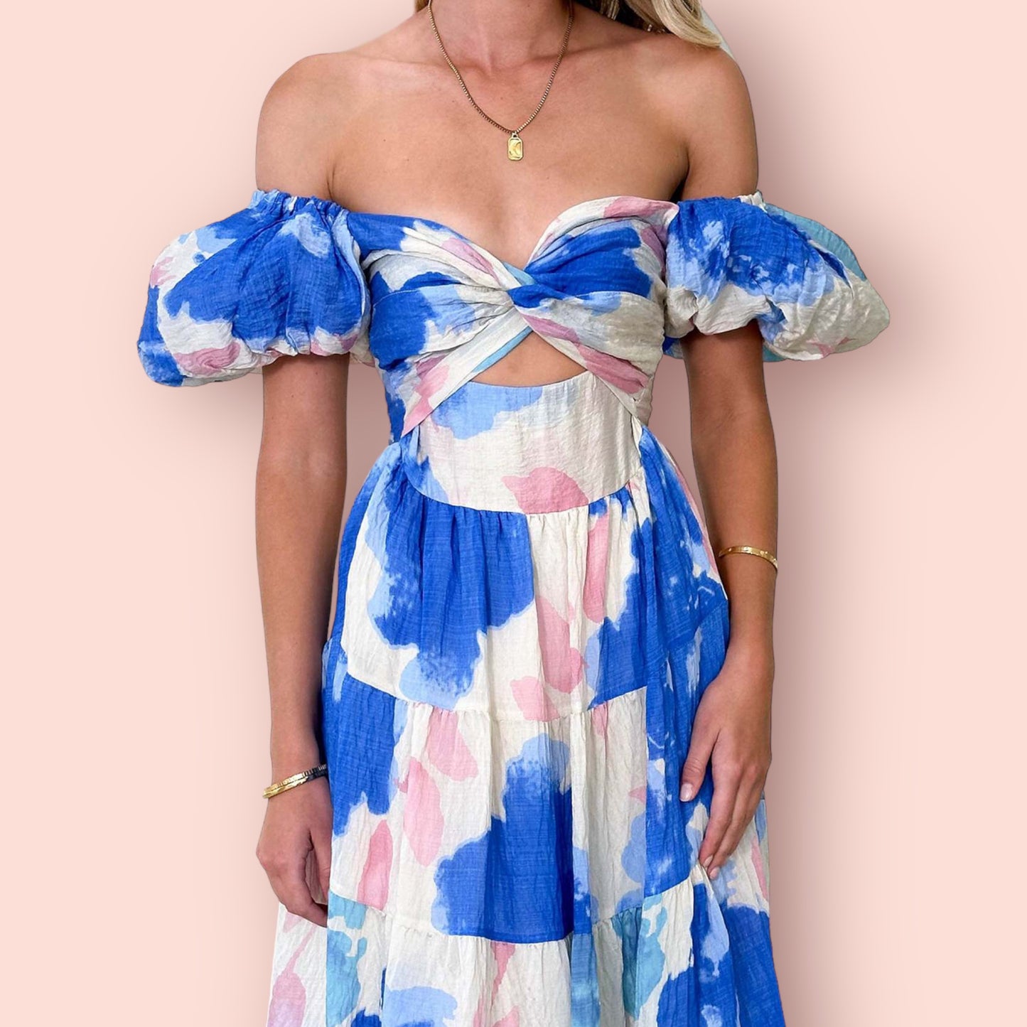 Made Just For You! Twisted Printed Puff Sleeve Maxi Dress