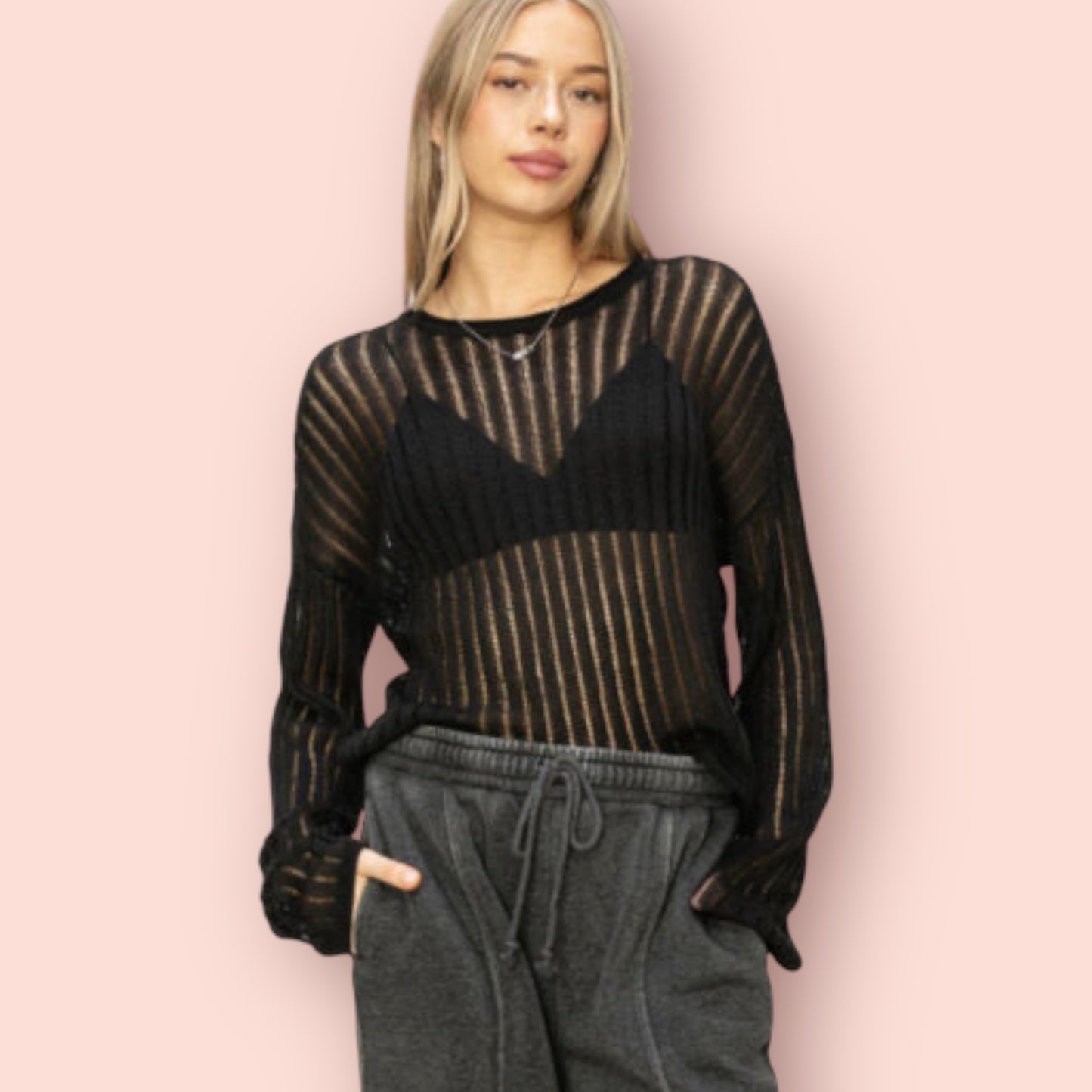 Made Just For You! Openwork Ribbed Long Sleeve Knit Top