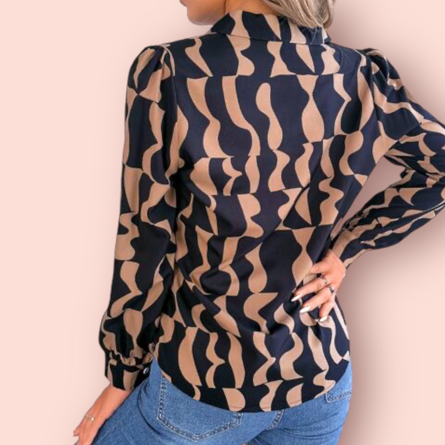 Made Just For You! Coffee Printed Long Sleeve Blouse