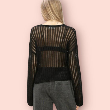 Made Just For You! Openwork Ribbed Long Sleeve Knit Top