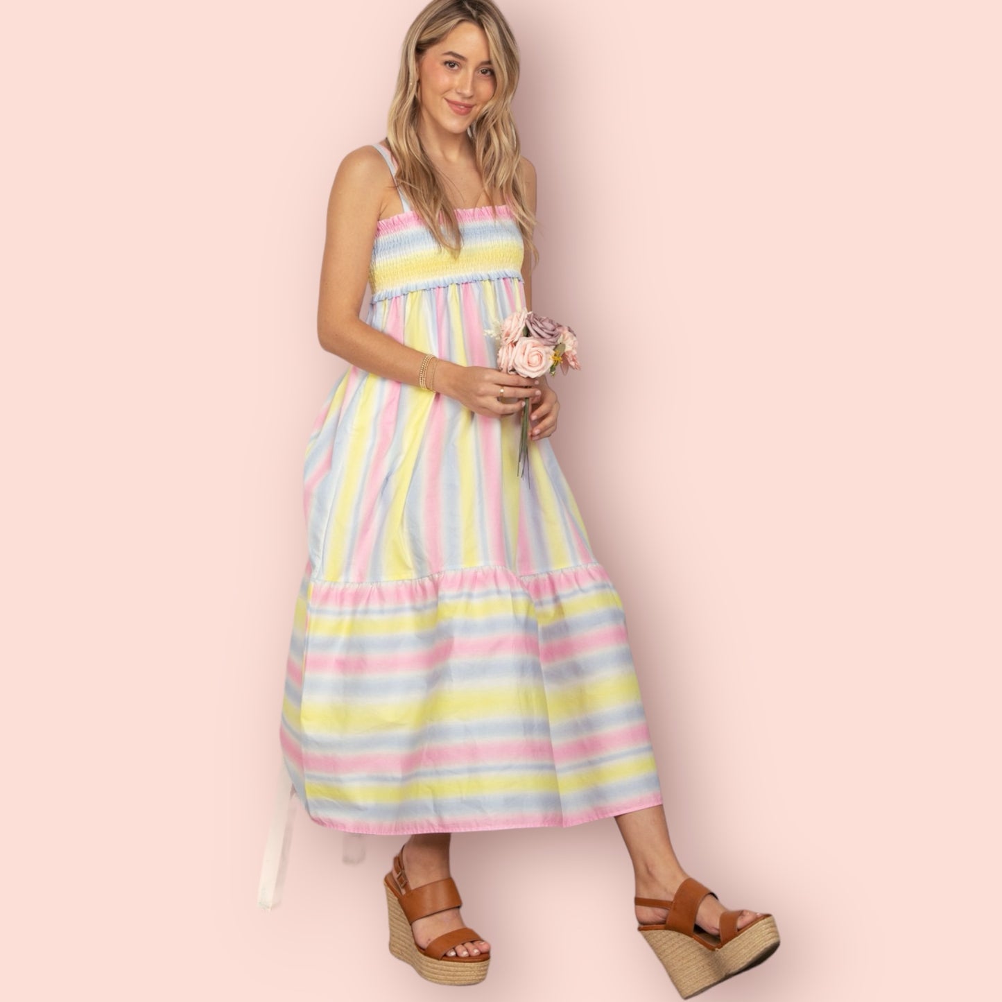 Made Just For You! VERY J Striped Woven Smocked Midi Cami Dress