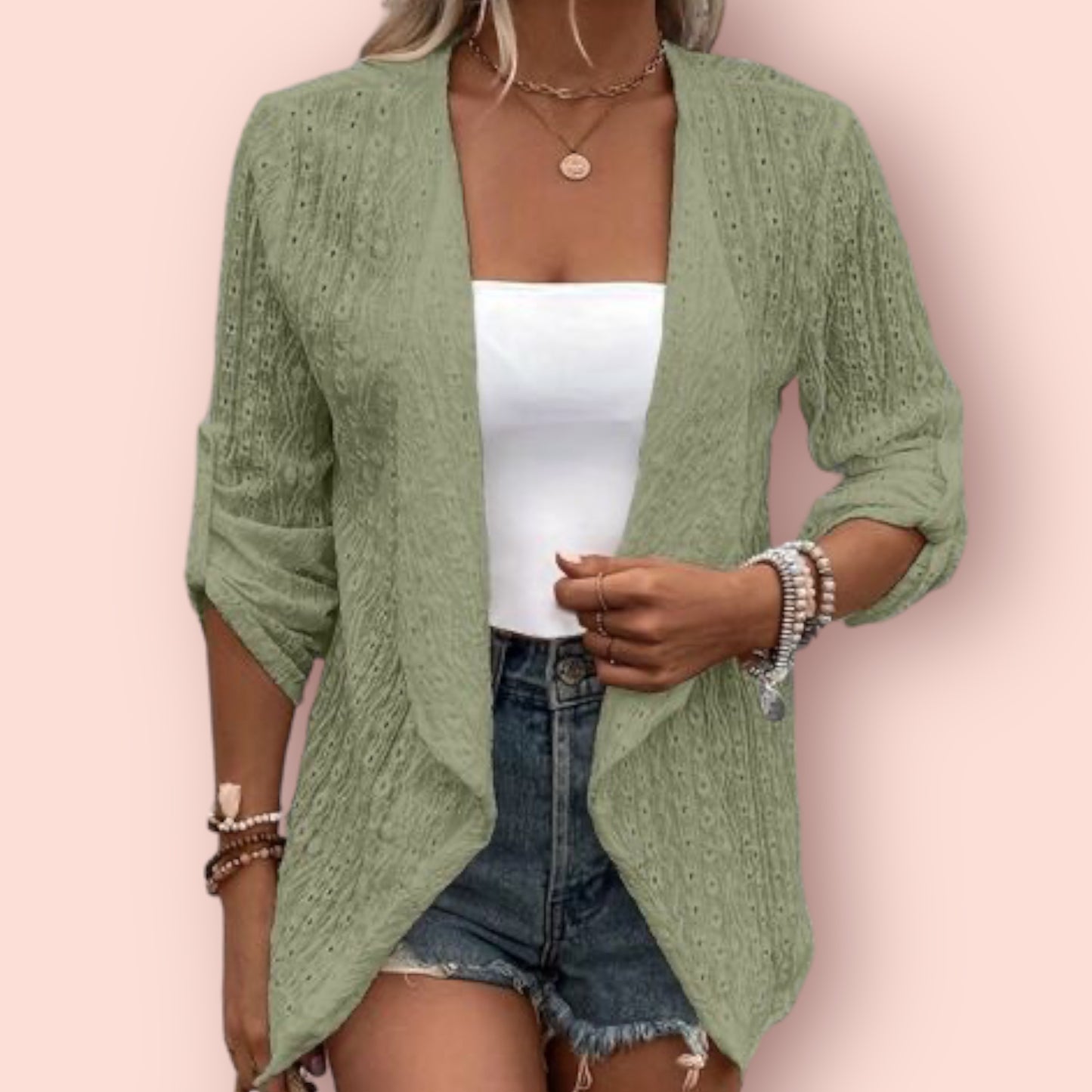 Made Just For You! Eyelet Roll-Tab Sleeve Cardigan