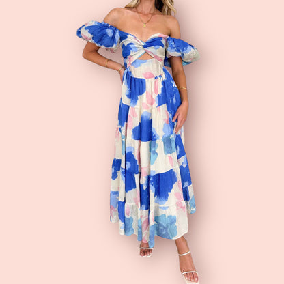 Made Just For You! Twisted Printed Puff Sleeve Maxi Dress