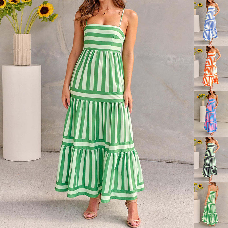 Summer Striped Printed Long Dress With Pockets