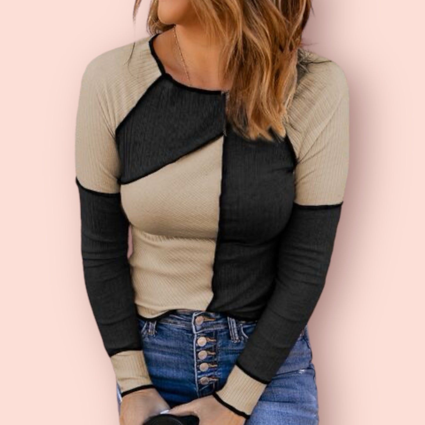 Made Just For You! Color Block Round Neck Long Sleeve Shirt