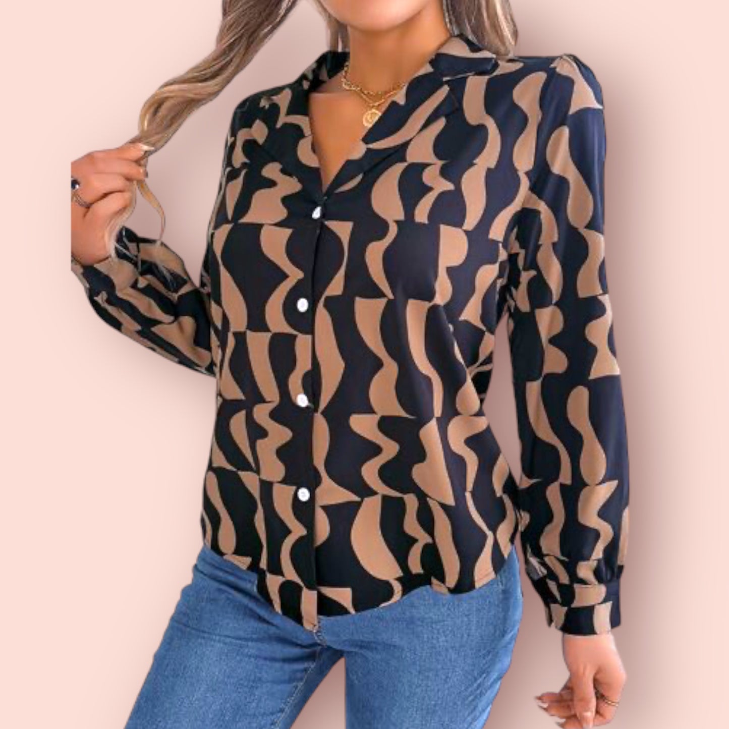 Made Just For You! Coffee Printed Long Sleeve Blouse