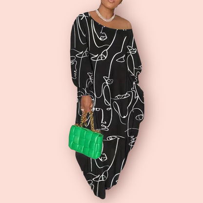 Made Just For You! Printed Single Shoulder Lantern Sleeve Maxi Dress