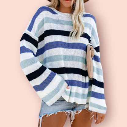 Made Just For You! Striped Slit Round Neck Sweater