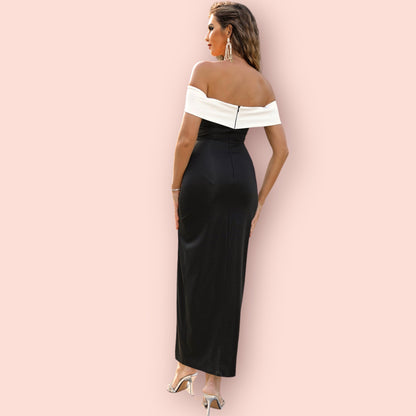 Made Just For You! Contrast Off-Shoulder Slit Dress