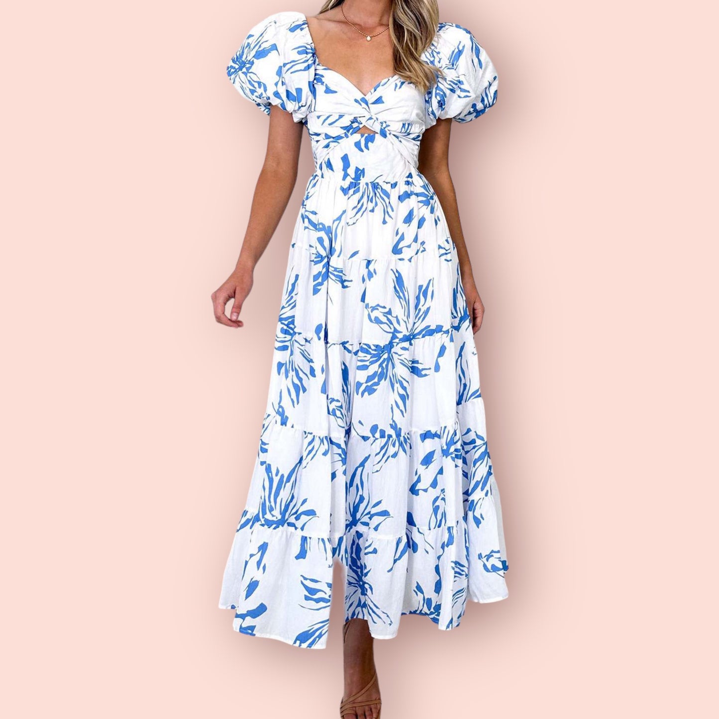 Made Just For You! Twisted Printed Puff Sleeve Maxi Dress