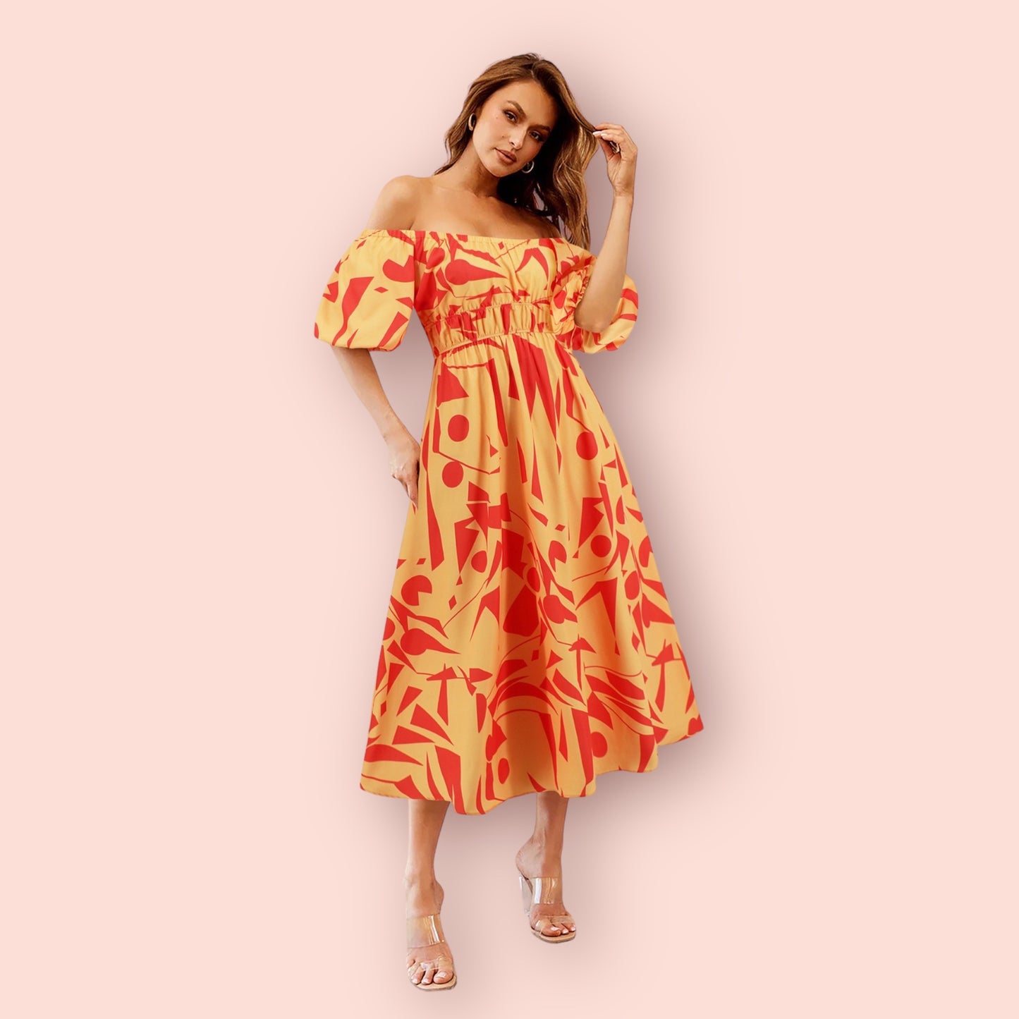 Made Just For You Printed Off-Shoulder Balloon Sleeve Dress