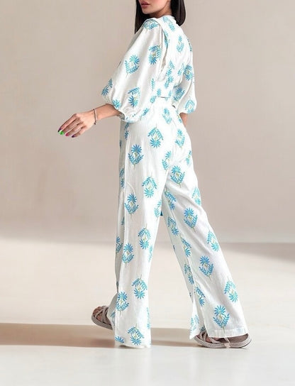 Women's Elegant V-neck Printed Puff Sleeve Top Trousers Two-Piece Set