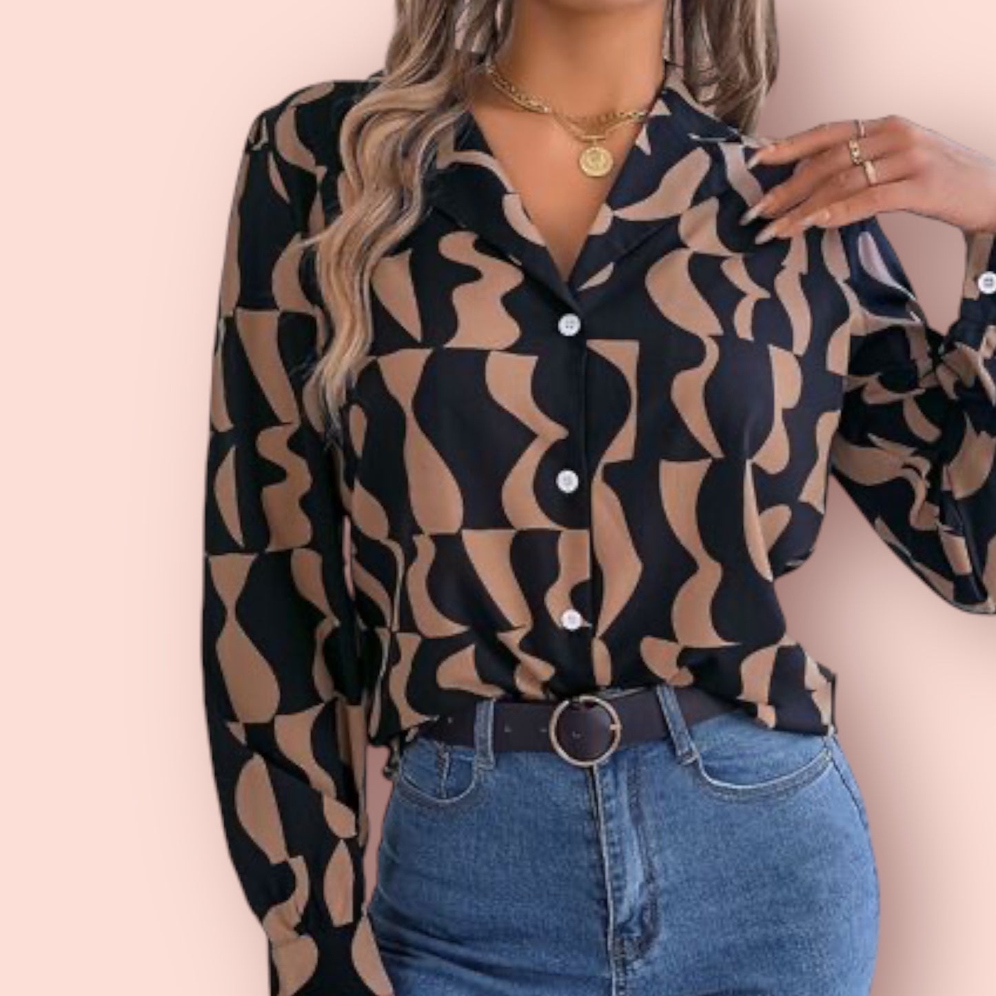 Made Just For You! Coffee Printed Long Sleeve Blouse