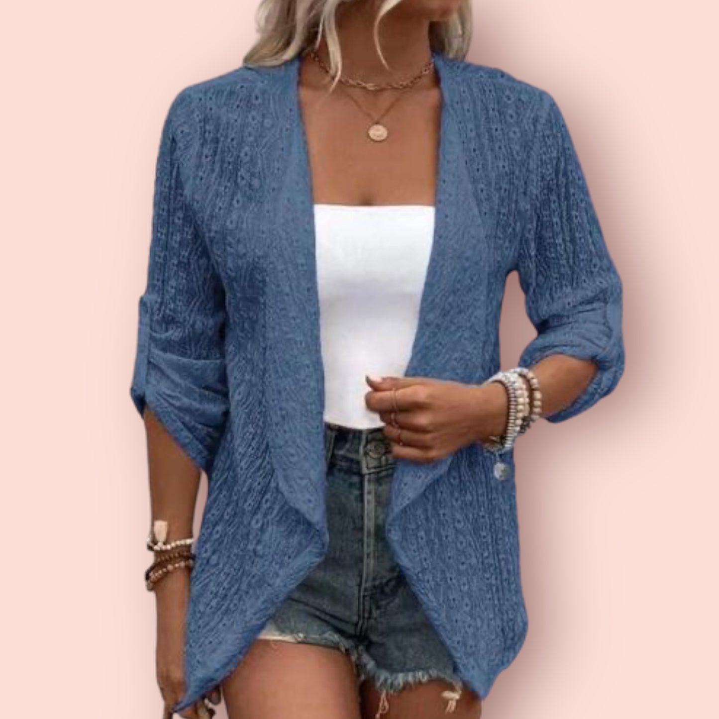 Made Just For You! Eyelet Roll-Tab Sleeve Cardigan