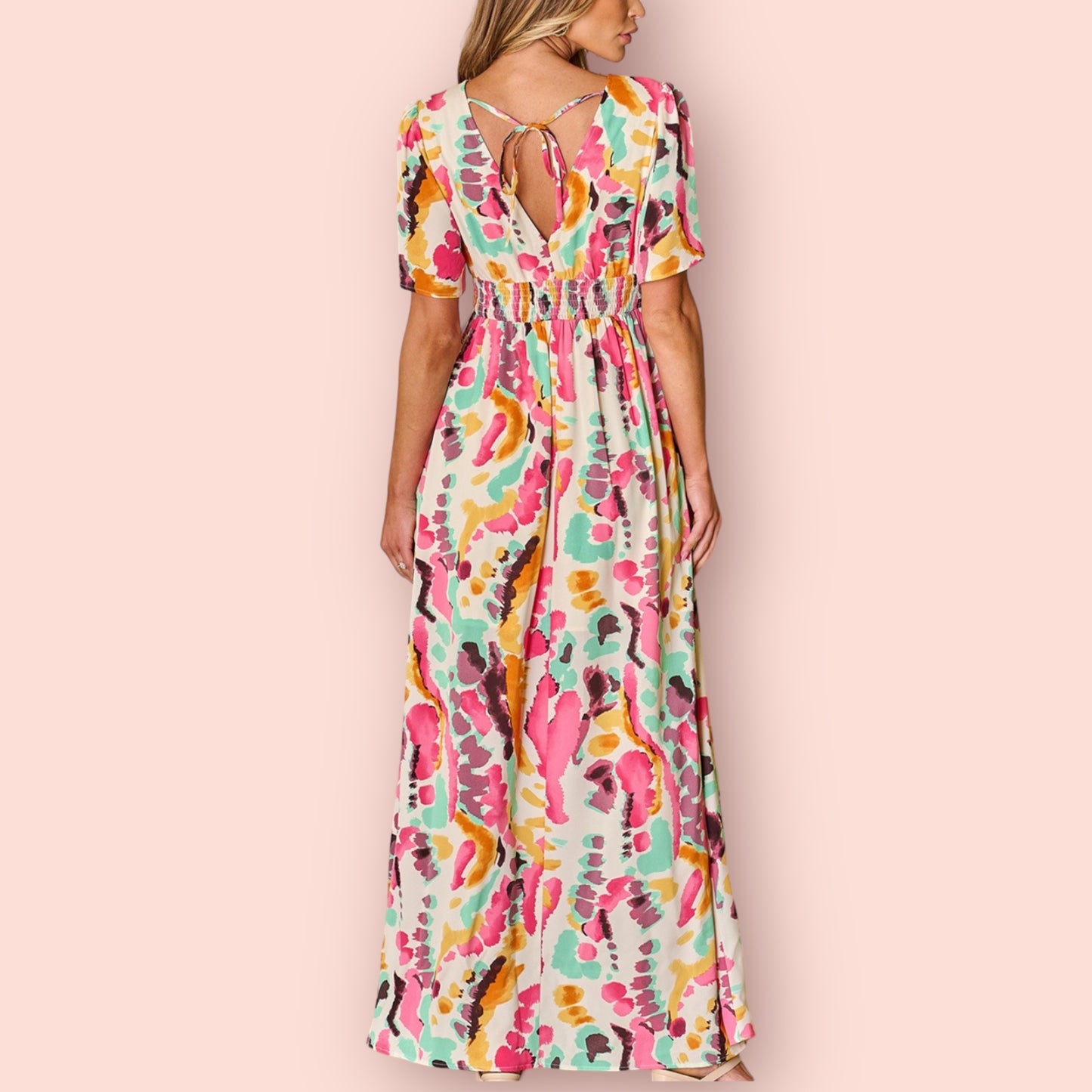 Made Just For You! Slit Printed Surplice Short Sleeve Maxi Dress