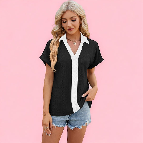 Made Just For You! Eyelet Johnny Collar Short Sleeve T-Shirt