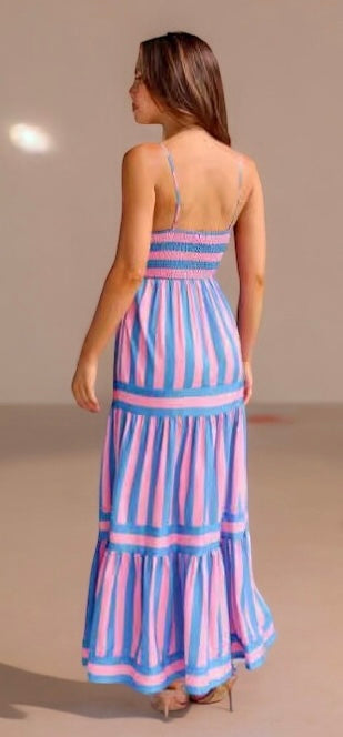 Summer Striped Printed Long Dress With Pockets