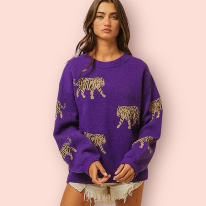 Made Just For You! BiBi Tiger Pattern Long Sleeve Sweater