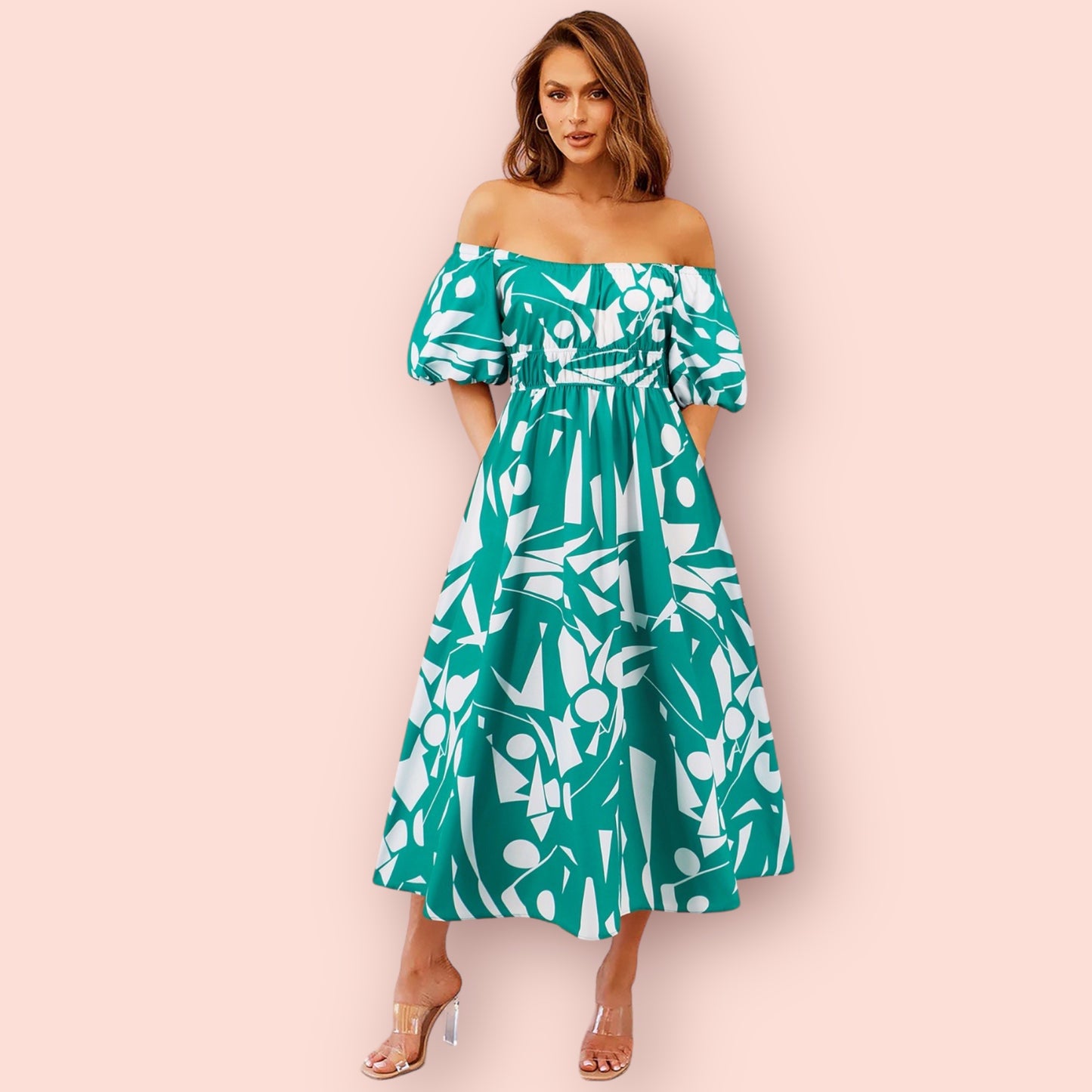 Made Just For You Printed Off-Shoulder Balloon Sleeve Dress