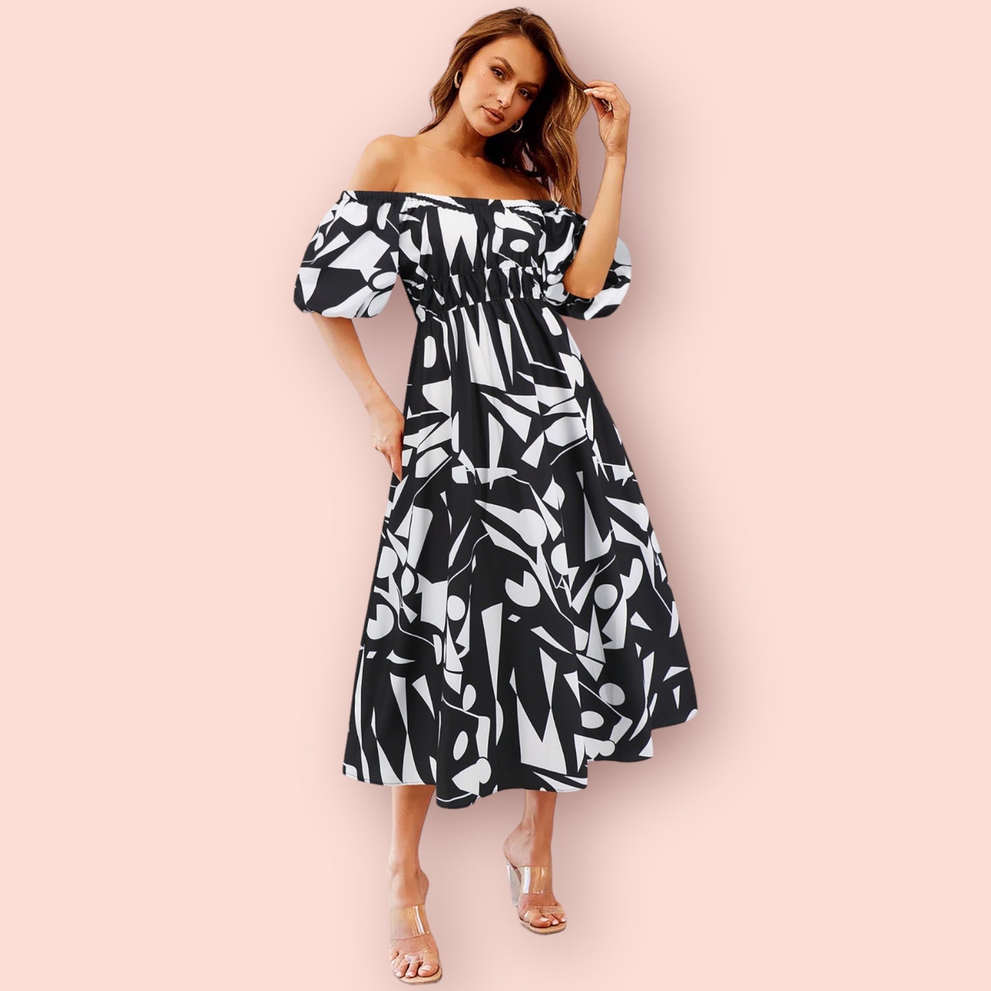 Made Just For You Printed Off-Shoulder Balloon Sleeve Dress