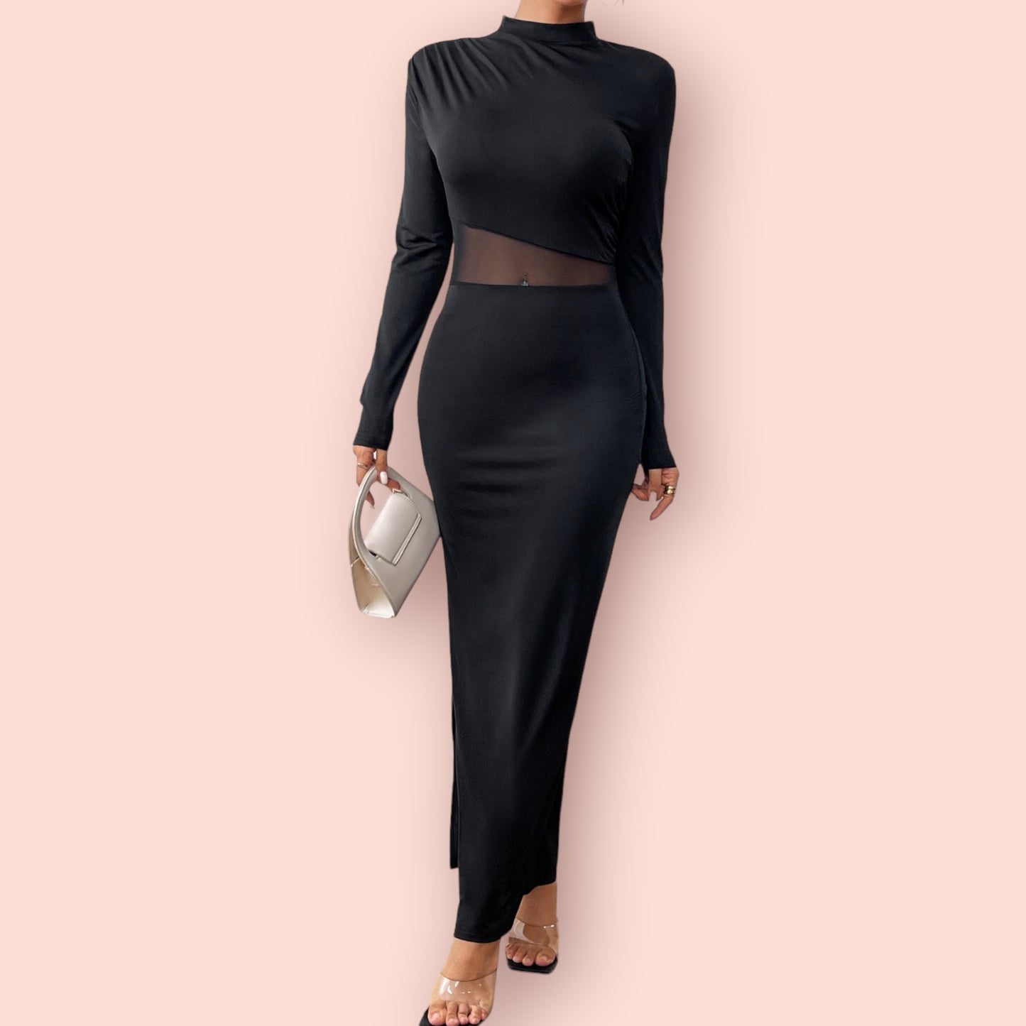 Made Just For You! Slit Mock Neck Long Sleeve Dress