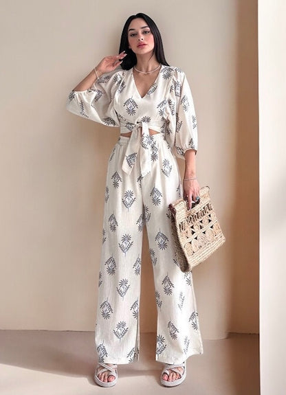 Women's Elegant V-neck Printed Puff Sleeve Top Trousers Two-Piece Set