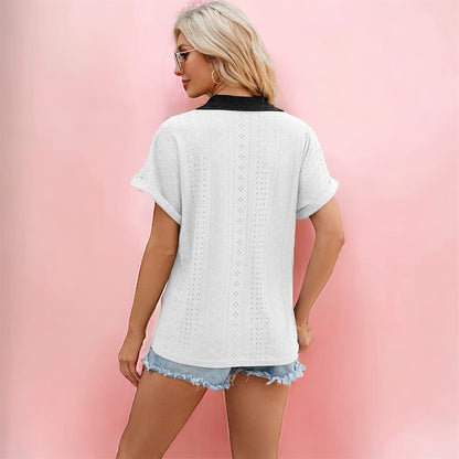 Made Just For You! Eyelet Johnny Collar Short Sleeve T-Shirt