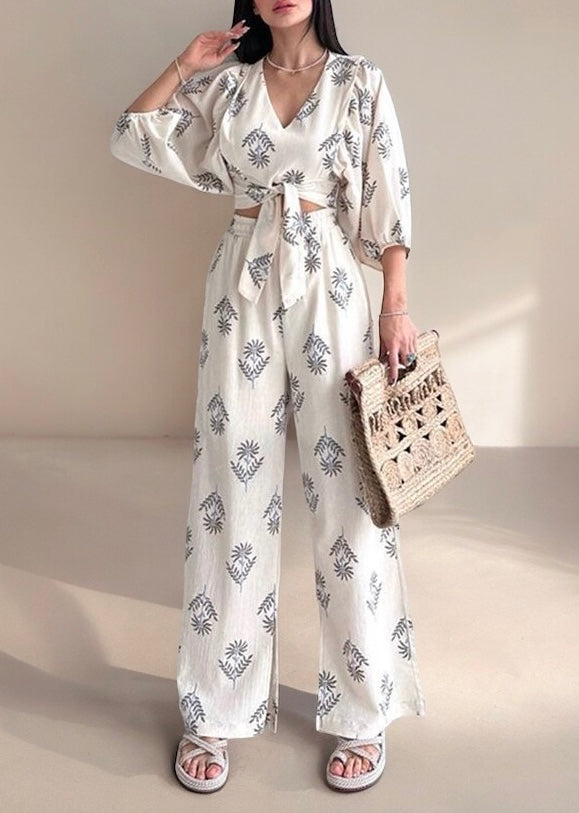 Women's Elegant V-neck Printed Puff Sleeve Top Trousers Two-Piece Set