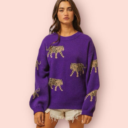 Made Just For You! BiBi Tiger Pattern Long Sleeve Sweater