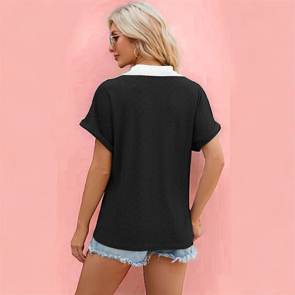 Made Just For You! Eyelet Johnny Collar Short Sleeve T-Shirt