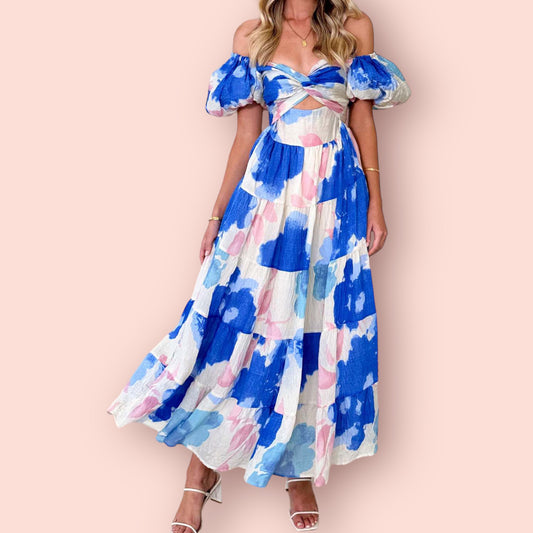 Made Just For You! Twisted Printed Puff Sleeve Maxi Dress